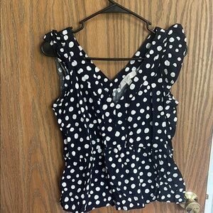 LOFT Black and White Flutter Sleeve Peplum Blouse